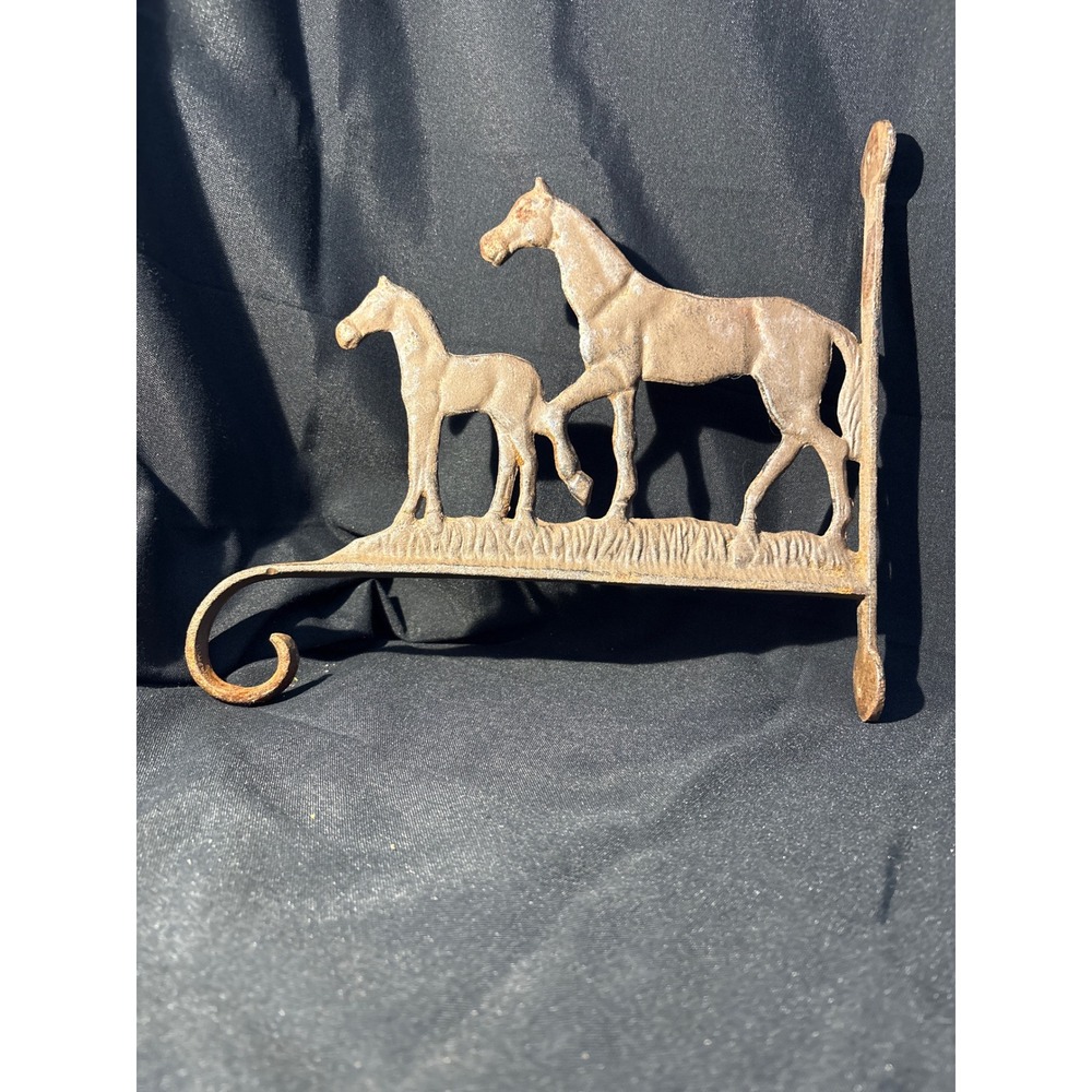 Vintage Rustic Cast‎ Iron Horse and Foal Wall Mount Hook Plant Hanger Brown